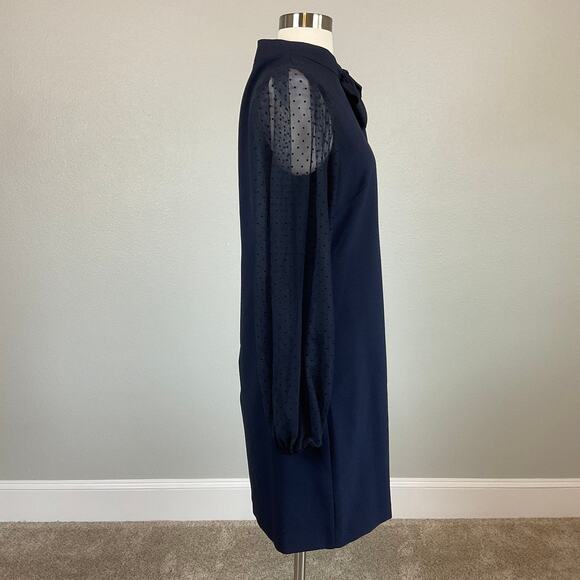 Vince Camuto Sheer Dot Long Sleeve Cocktail Dress Size 8 Blue Bow Halter Shift - Picture 3 of 13